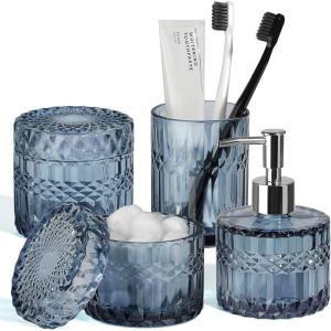 imageBlue Bathroom Accessories 4Pcs Diamond Glass Bathroom Accessory Set Bathroom Set with Soap Dispenser Blue Bathroom Decor with Toothbrush Holder Qtip Holder for Bathroom CountertopBlue