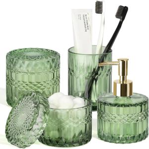 imageBlue Bathroom Accessories 4Pcs Diamond Glass Bathroom Accessory Set Bathroom Set with Soap Dispenser Blue Bathroom Decor with Toothbrush Holder Qtip Holder for Bathroom CountertopGreen