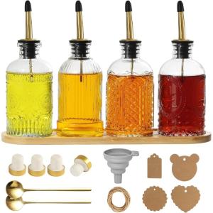 imageCoffee Syrup Dispenser for Coffee Bar 4 Pack Glass Syrup Dispensers Bottles with Bamboo Tray 7 Fl Oz Small Maple Syrup Container with Golden Spoon Vintage Oil Dispenser for Kitchen