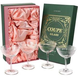 imageCoupe Glasses Set of 4 in Luxury Box for Christmas  8oz Hand Blown Cocktail Clear Martini Reusable Margarita  Handmade Ribbed Design