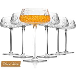 imageCoupe Glasses Set of 6  8oz Hand Blown Cocktail Glasses Clear Martini and Margarita Glass With Handmade DiamondPattern Design