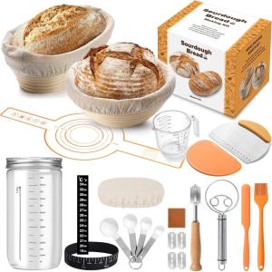 imageSourdough Bread Starter Kit for Beginners 22pcs Bread Making Kit with Sourdough Starter Jar Banneton Bread Proofing Basket Set for Baking with Box