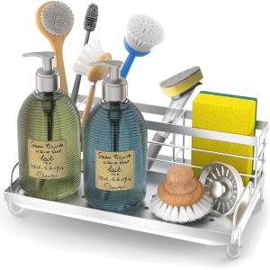 imageCisily Large Kitchen Sink Caddy Organizer Rustproof NonSlip Soap Dish Dispenser Brush Sponge Holder for Kitchen Sink Kitchen Organization and Storage Home Essentials AccessoriesBlackSilver