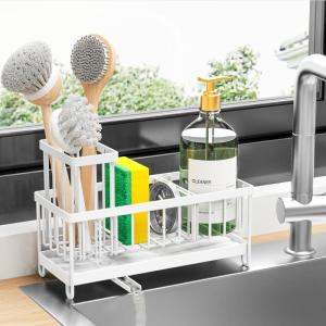 imageCisily Silver Sponge Holder for Kitchen Sink Sink Caddy Organizer with High Brush Holder Kitchen Countertop Organizers and Storage Essentials Rustproof 304 Stainless Steel Soap Dispenser OrganizeWhite