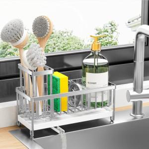 imageCisily Silver Sponge Holder for Kitchen Sink Sink Caddy Organizer with High Brush Holder Kitchen Countertop Organizers and Storage Essentials Rustproof 304 Stainless Steel Soap Dispenser OrganizeStainless Steel