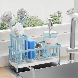 imageCisily Silver Sponge Holder for Kitchen Sink Sink Caddy Organizer with High Brush Holder Kitchen Countertop Organizers and Storage Essentials Rustproof 304 Stainless Steel Soap Dispenser OrganizeBlue