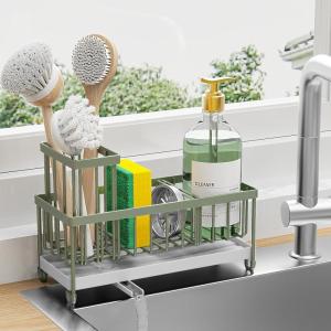 imageCisily Silver Sponge Holder for Kitchen Sink Sink Caddy Organizer with High Brush Holder Kitchen Countertop Organizers and Storage Essentials Rustproof 304 Stainless Steel Soap Dispenser OrganizeSage Green