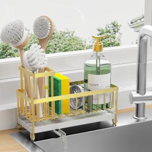 imageCisily Silver Sponge Holder for Kitchen Sink Sink Caddy Organizer with High Brush Holder Kitchen Countertop Organizers and Storage Essentials Rustproof 304 Stainless Steel Soap Dispenser OrganizeGold
