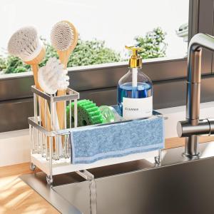 imageCisily Silver Sponge Holder for Kitchen Sink Sink Caddy Organizer with High Brush Holder Kitchen Countertop Organizers and Storage Essentials Rustproof 304 Stainless Steel Soap Dispenser OrganizeSilver With Towel Rack