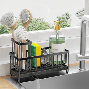 imageCisily Silver Sponge Holder for Kitchen Sink Sink Caddy Organizer with High Brush Holder Kitchen Countertop Organizers and Storage Essentials Rustproof 304 Stainless Steel Soap Dispenser OrganizeBlack
