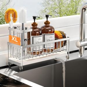 imageCisily Silver Sponge Holder for Kitchen Sink Sink Caddy Organizer with High Brush Holder Kitchen Countertop Organizers and Storage Essentials Rustproof 304 Stainless Steel Soap Dispenser OrganizeSilver