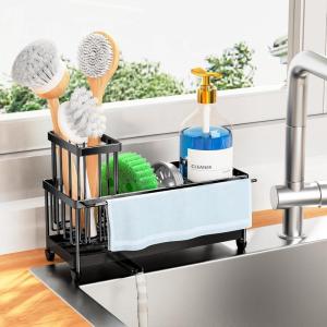 imageCisily Silver Sponge Holder for Kitchen Sink Sink Caddy Organizer with High Brush Holder Kitchen Countertop Organizers and Storage Essentials Rustproof 304 Stainless Steel Soap Dispenser OrganizeBlack With Towel Rack
