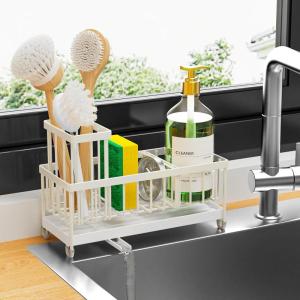 imageCisily Silver Sponge Holder for Kitchen Sink Sink Caddy Organizer with High Brush Holder Kitchen Countertop Organizers and Storage Essentials Rustproof 304 Stainless Steel Soap Dispenser OrganizeCream