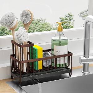 imageCisily Silver Sponge Holder for Kitchen Sink Sink Caddy Organizer with High Brush Holder Kitchen Countertop Organizers and Storage Essentials Rustproof 304 Stainless Steel Soap Dispenser OrganizeBrown