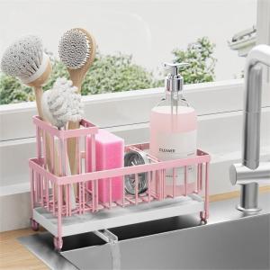 imageCisily Silver Sponge Holder for Kitchen Sink Sink Caddy Organizer with High Brush Holder Kitchen Countertop Organizers and Storage Essentials Rustproof 304 Stainless Steel Soap Dispenser OrganizePink