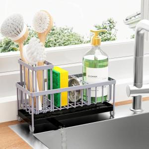 imageCisily Silver Sponge Holder for Kitchen Sink Sink Caddy Organizer with High Brush Holder Kitchen Countertop Organizers and Storage Essentials Rustproof 304 Stainless Steel Soap Dispenser OrganizeLight Gray
