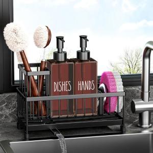 imageKitchen Soap Dispenser Set with Sink Caddy 12 Oz Glass Bottle Hand and Dish Soap Dispenser Set with Sponge Holder Black Sink Caddy  Black BottleBlack Sink Caddy  Brown Bottle