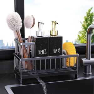 imageKitchen Soap Dispenser Set with Sink Caddy 12 Oz Glass Bottle Hand and Dish Soap Dispenser Set with Sponge Holder Black Sink Caddy  Black BottleBlack Sink Caddy  Black Bottle