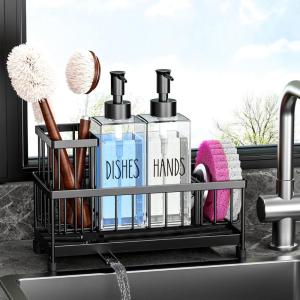 imageKitchen Soap Dispenser Set with Sink Caddy 12 Oz Glass Bottle Hand and Dish Soap Dispenser Set with Sponge Holder Black Sink Caddy  Black BottleBlack Sink Caddy  Clear Bottle