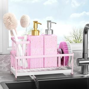 imageKitchen Soap Dispenser Set with Sink Caddy 12 Oz Glass Bottle Hand and Dish Soap Dispenser Set with Sponge Holder Black Sink Caddy  Black BottlePink Sink Caddy  Pink Bottle