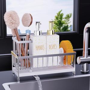imageKitchen Soap Dispenser Set with Sink Caddy 12 Oz Glass Bottle Hand and Dish Soap Dispenser Set with Sponge Holder Black Sink Caddy  Black BottleSilver Sink Caddy  White Bottle
