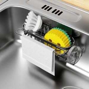 imageCisily Kitchen Sink Caddy Sponge Holder in The Sink Stainless Steel Kitchen Sink Organizer Brush Holder Dish Cloth Hanger Sink Stopper Holder with 2 Installation Ways Suction ampamp AdhesivesBlack