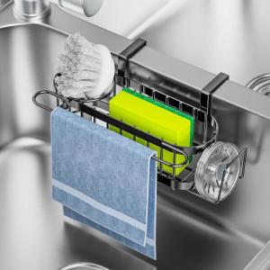 imageCisily Silver Kitchen Sink Caddy Sponge Holder in the Sink Stainless Steel Kitchen Organizer Brush Holder Dish Cloth Hanger 2 Installation Ways Hangingampamp AdhesivesBlack