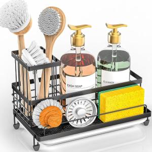 imageCisily Large Capacity Kitchen Sink Caddy Organizer Rustproof NonSlip Sponge Holder With Dish Brush Holder Organizer Kitchen Organization and Storage Essentials Accessories for CountertopBlack