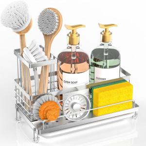 imageCisily Large Capacity Kitchen Sink Caddy Organizer Rustproof NonSlip Sponge Holder With Dish Brush Holder Organizer Kitchen Organization and Storage Essentials Accessories for CountertopStainless Steel