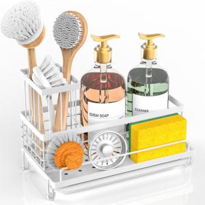 imageCisily Large Capacity Kitchen Sink Caddy Organizer Rustproof NonSlip Sponge Holder With Dish Brush Holder Organizer Kitchen Organization and Storage Essentials Accessories for CountertopWhite