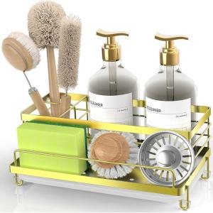 imageCisily Stainless Steel Sponge Holder for Kitchen Sink Caddy Sink Organizer Rack for Kitchen Accessories with Drip Tray Rustproof and Nonslip Dish Soap Dispenser Countertop OrganizerGold