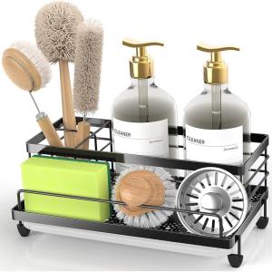 imageCisily Stainless Steel Sponge Holder for Kitchen Sink Caddy Sink Organizer Rack for Kitchen Accessories with Drip Tray Rustproof and Nonslip Dish Soap Dispenser Countertop OrganizerBlack